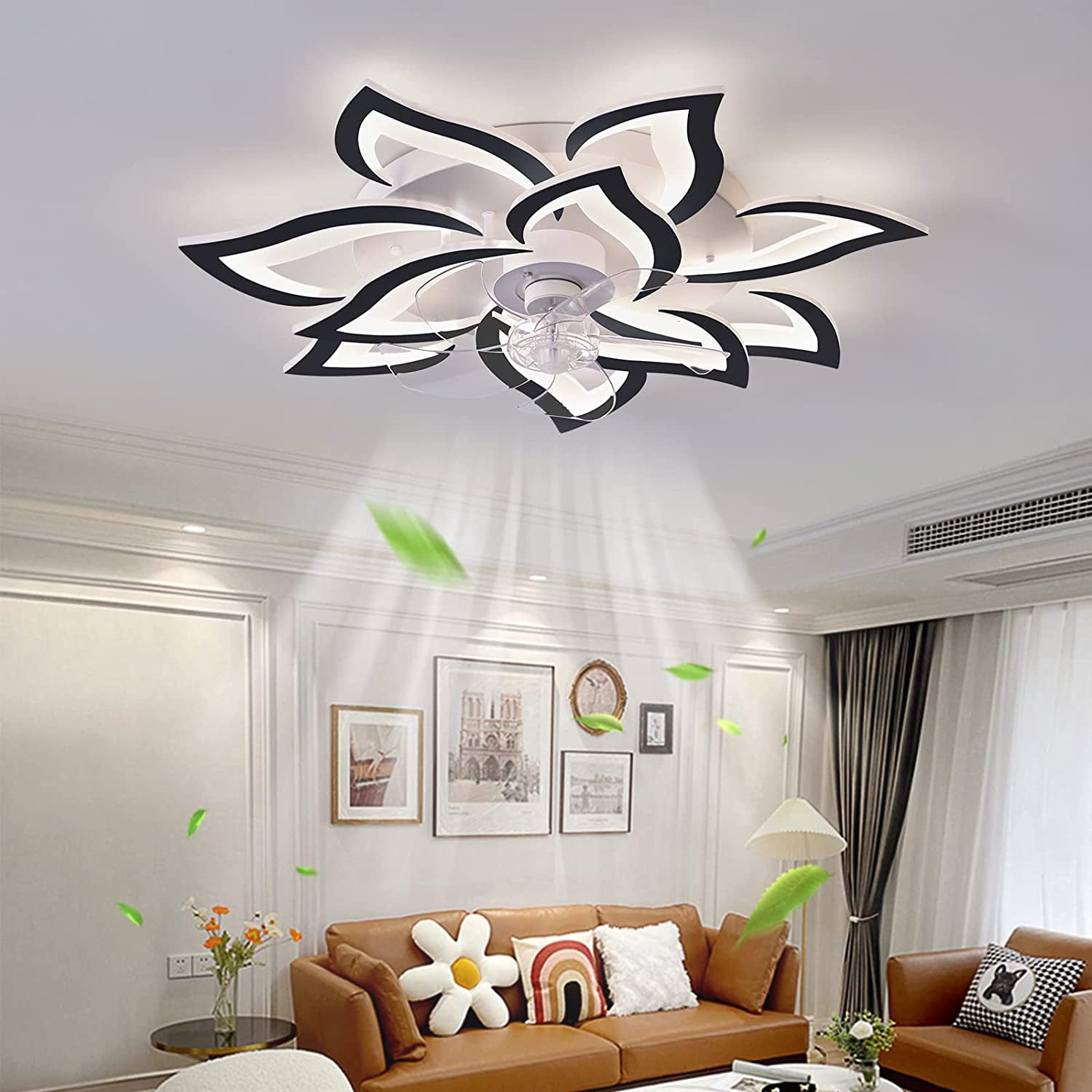 32In Black Ceiling Fans with Lights and APP Remote Control,Modern Flush Mount 3 Color 6 Speeds Dimmable Round Low Profile Ceiling Fan with Lights for Bedroom Children's Room Dining Room Living