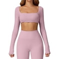 thumbnail image 1 of Tops cortos de yoga for mujer, camiseta de manga larga con cuello cuadrado, camisetas básicas elásticas ajustadas, camisetas deportivas for ejercicio al aire libre y gimnasio, 1 of 6