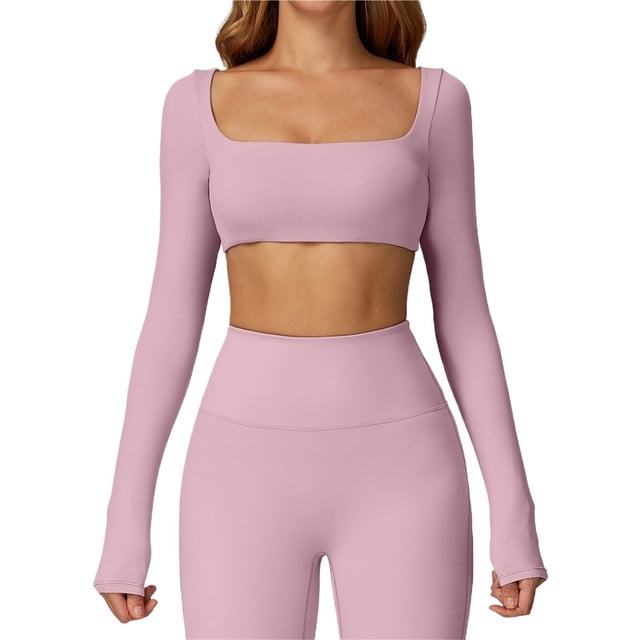Tops cortos de yoga for mujer, camiseta de manga larga con cuello cuadrado, camisetas básicas elásticas ajustadas, camisetas deportivas for ejercicio al aire libre y gimnasio