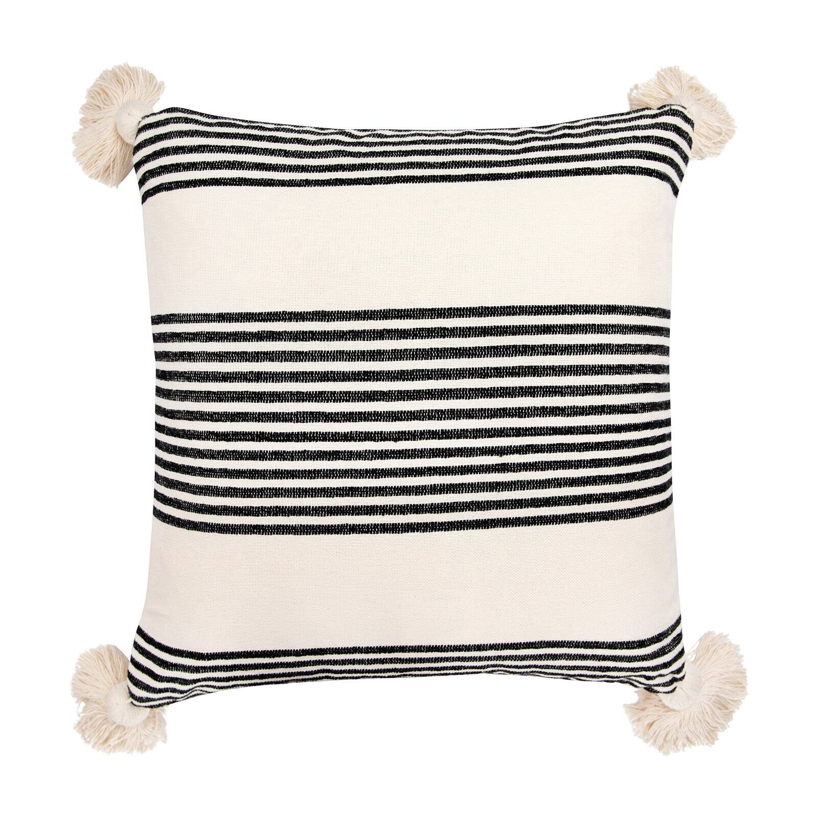 Desert Fields Cream Cotton & Chenille Pillow with Mustard Stripes & Tassels