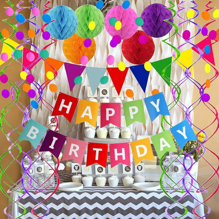 Fecedy Blue Happy Birthday Banner Honeycomb Balls Swirls Streamers for Birthday Party Decorations