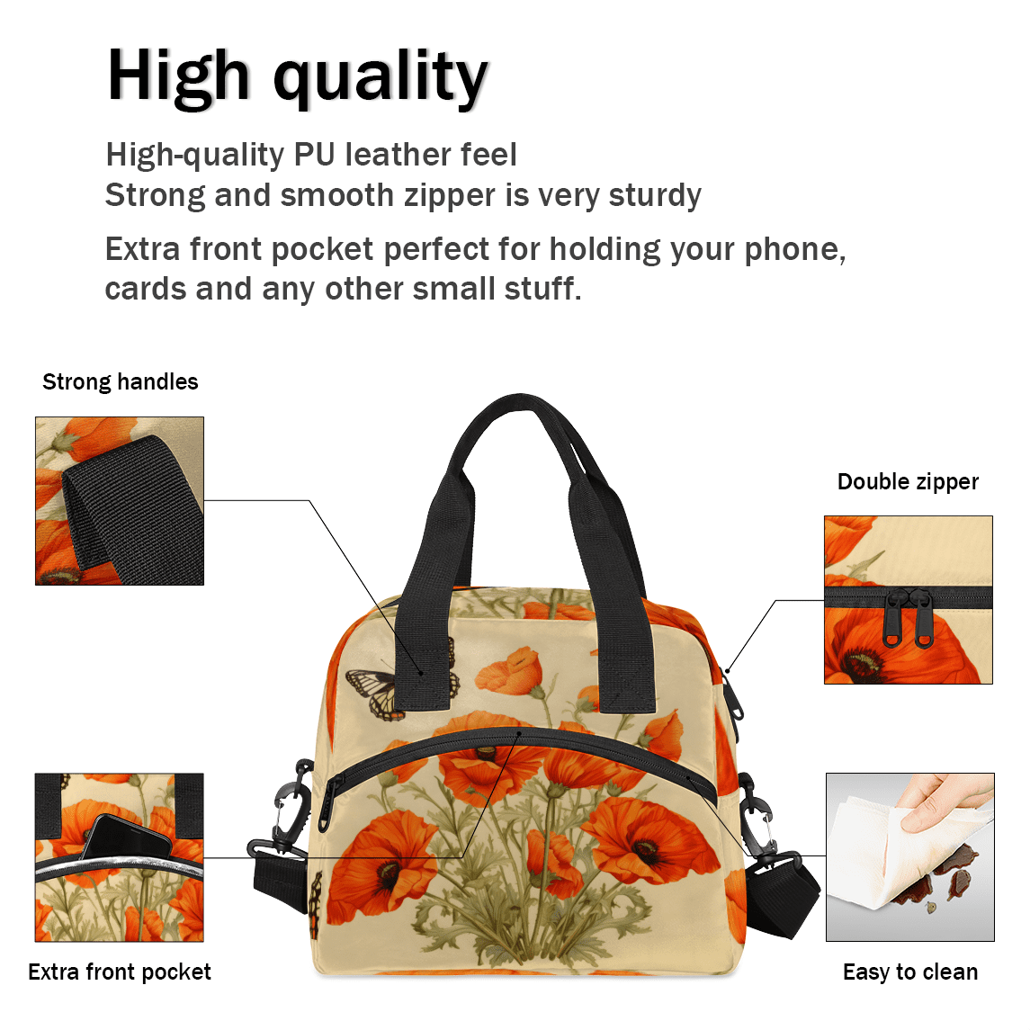Herdesigns Butterflies Poppy Flowers Insulated Lunch Bag for Women Men Adults Large Reusable Lunch Box Leakproof Portable Cooler Tote Bags with Adjustable Shoulder Strap