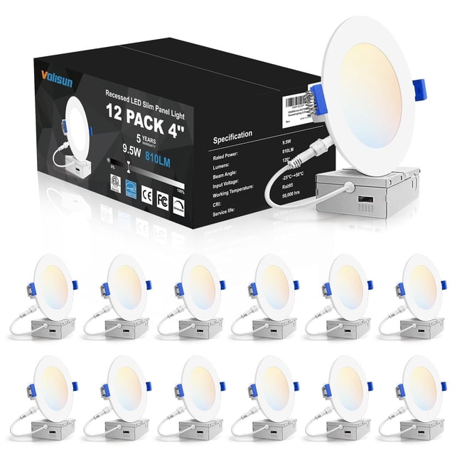 VOLISUN 4 inch Pot Lights, 5CCT LED Slim Recessed Light, 2700K-5000K Selectable, 9.5W Eqv 80W, 810LM Dimmable LED Pot Lights, Ceiling Light IC Rated(