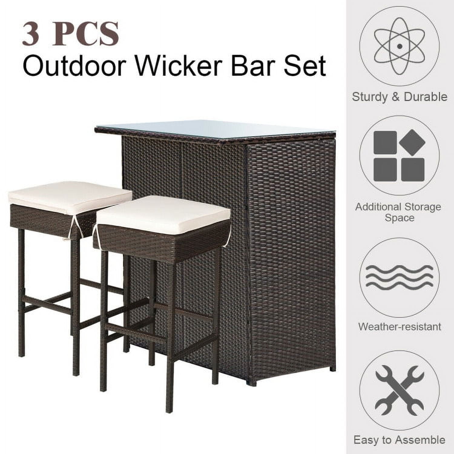 Aimee Lii 3-piece Rattan Wicker Bar Table Stools Dining Set Cushioned Chairs, Outdoor Patio Furniture Aimee Lii 3-piece Rattan Wicker Bar Table Stools Dining Set Cushioned Chairs, Outdoor Patio Furniture