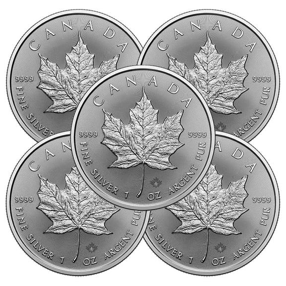 Lot of 5 - 2026 $5 Silver Canadian Maple Leaf 1 oz BU