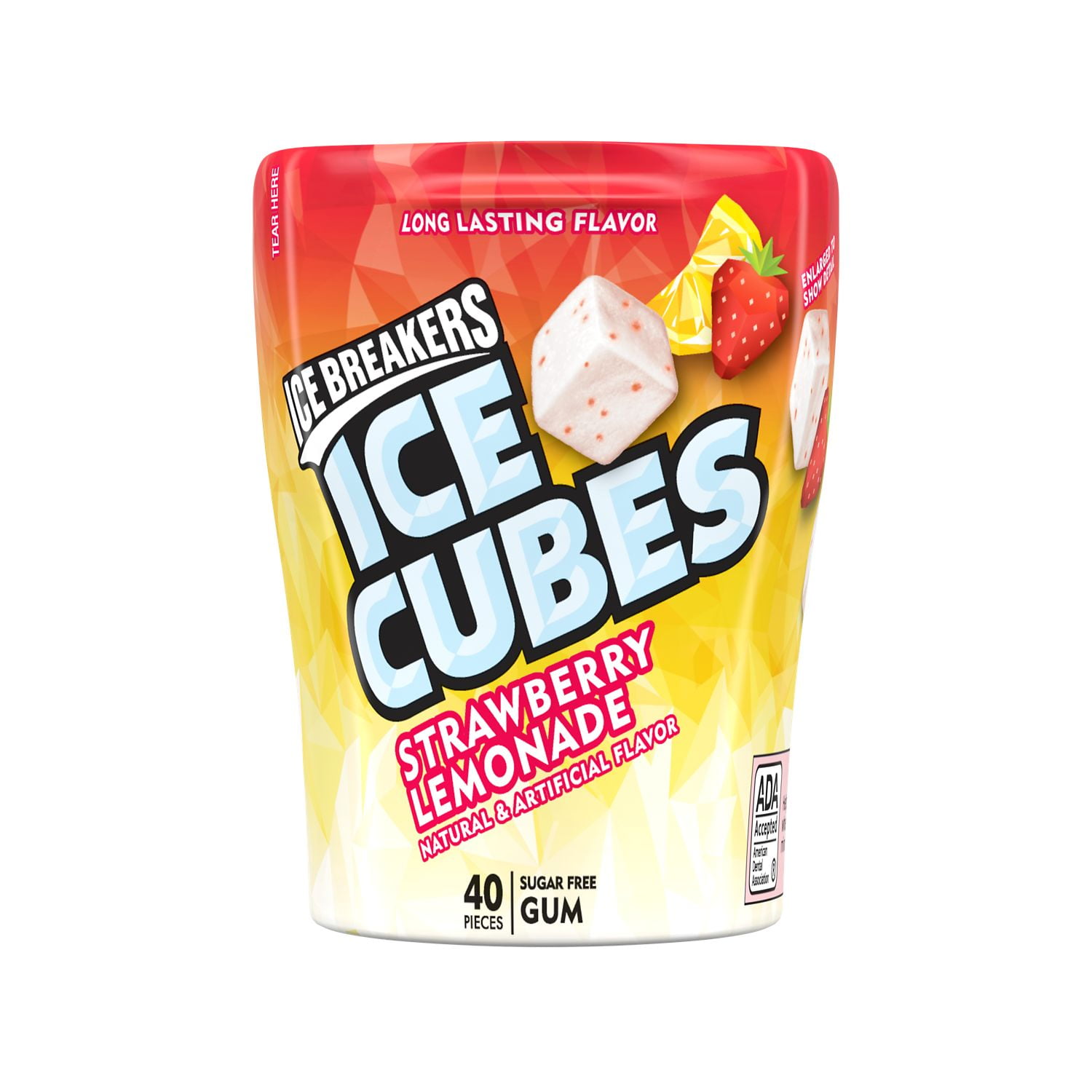 ICE BREAKERS, ICE CUBES Strawberry Lemonade flavored Sugar Free Chewing Gum, Xylitol Gum, 40 count, Bottle