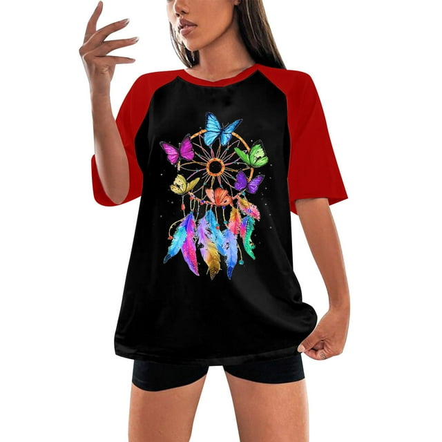 Gibobby Casual Playera de Manga Corta para Mujer 2024 Spring Butterfly Wind Chimes Raglan Camiseta suelta manga corta con cuello redondo(Rojo,XL)
