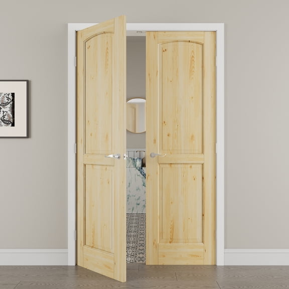 48" x 80" Arch Top Pine Wood Double Doors with French Door Ready-to-Assemble Jamb, Solid Core Interior Door, Silver Levers & Hinges, Unfinished Knotty Wood & Ready-to-Stain
