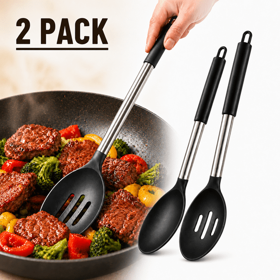 Genreen  2 Pcs 446°F Heat Resistant Large Silicone Cooking Spoon, 13.3inch Long Handle BPA Free Solid Slotted Spoons, Nonstick Kitchen Cookware Utensils, Mixing, Serving, Stiring Large Spoons, Black