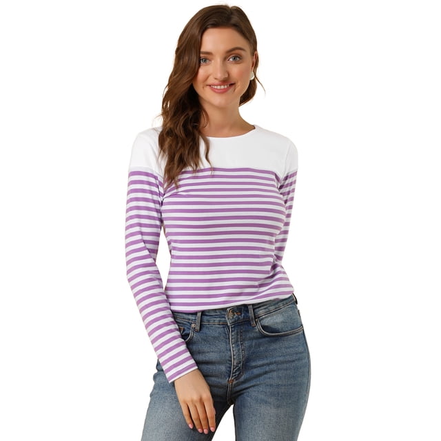 CamiseDe ManLarPaMujer bloque de colorrayas triple color simple Blanco VioleM