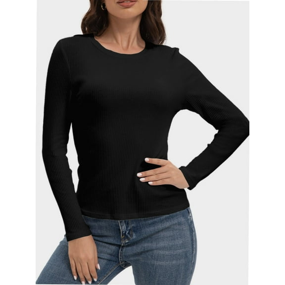 Womens Long Sleeve Stretch Crew neck T-Shirt Fitted Casual Basic Tops