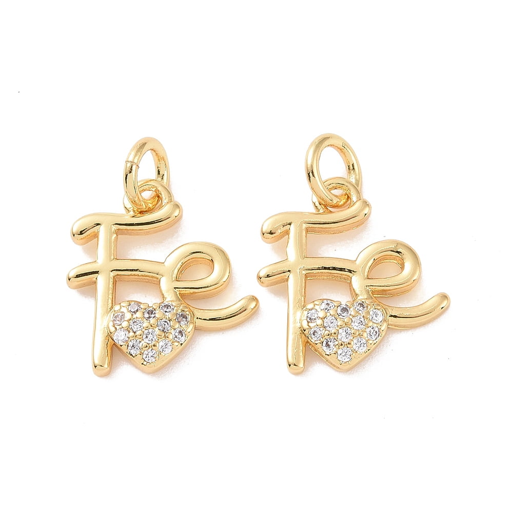 20pc Rack Plating Brass Micro Pave Clear Cubic Zirconia Charms Cadmium Free & Lead Free Word FE with Heart 13.5x13x2.5mm Jump Ring: 5x1mm