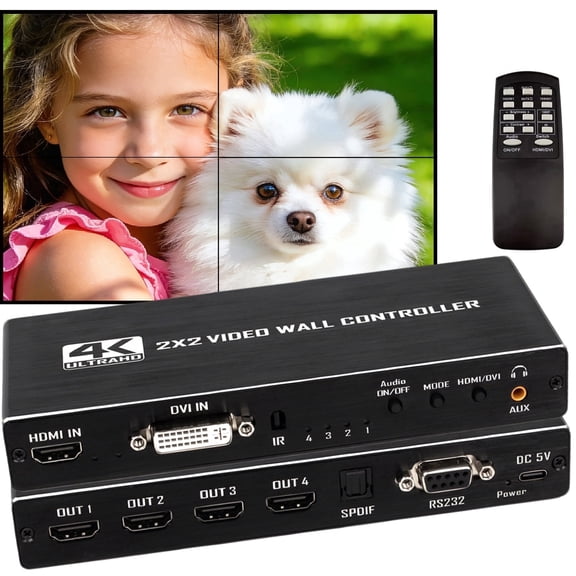 2x2 Video Wall Controller Box, 4K HDMI DVI Input, Supports 4 TV Screens, 180 Degree Rotate & IR Remote Control