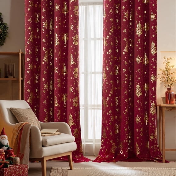 Coodeto Blackout Curtains Christmas Room Darkening Curtains for Bedroom, Gold Foil Printed Xmas Blackout Curtains Thermal Insulated Energy Efficient Grommet Drapes, 52"x84", Red