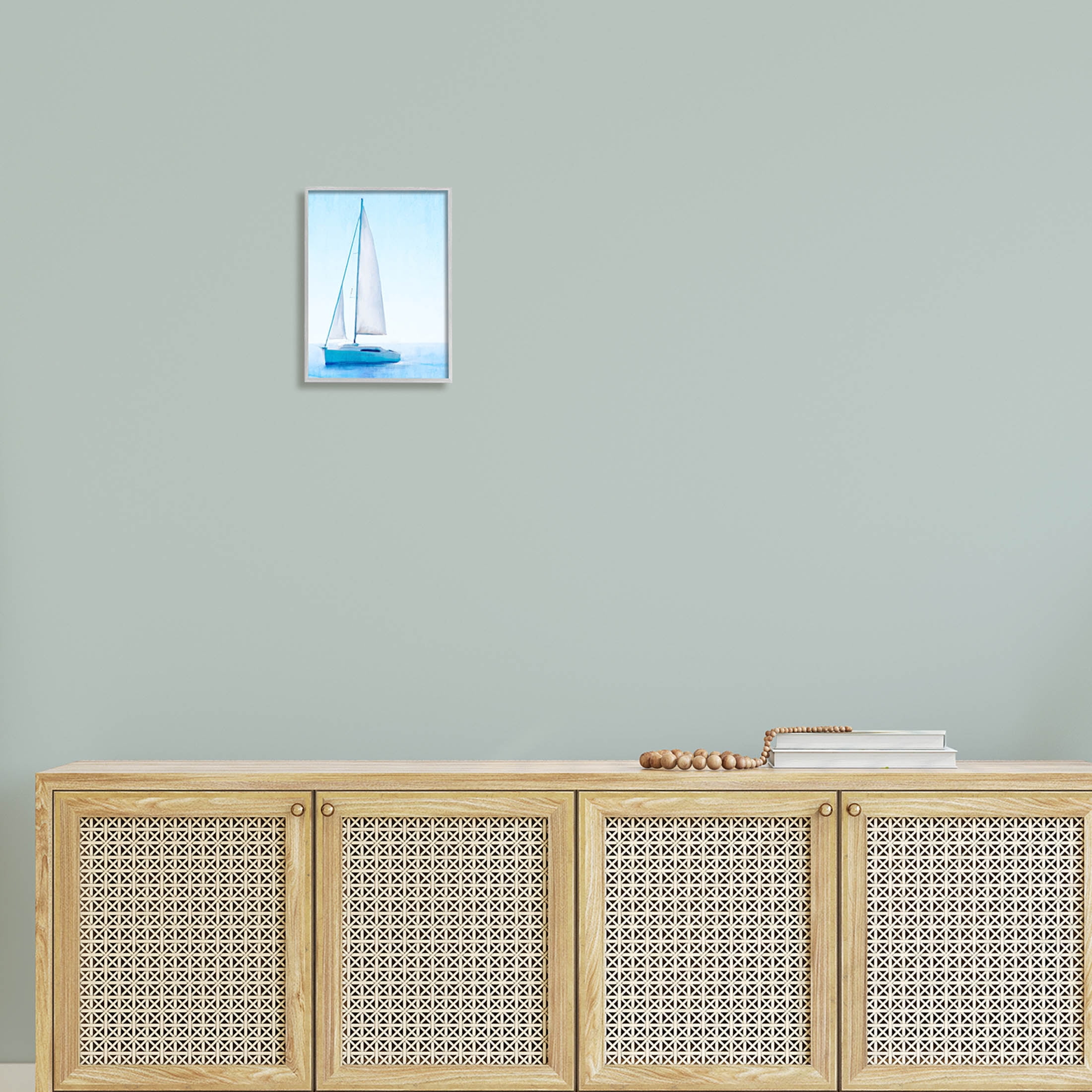 Stupell Industries Sailboat Drifting Blue Ocean Sky Graphic Art Gray Framed Art Print Wall Art, Design by Kim Allen