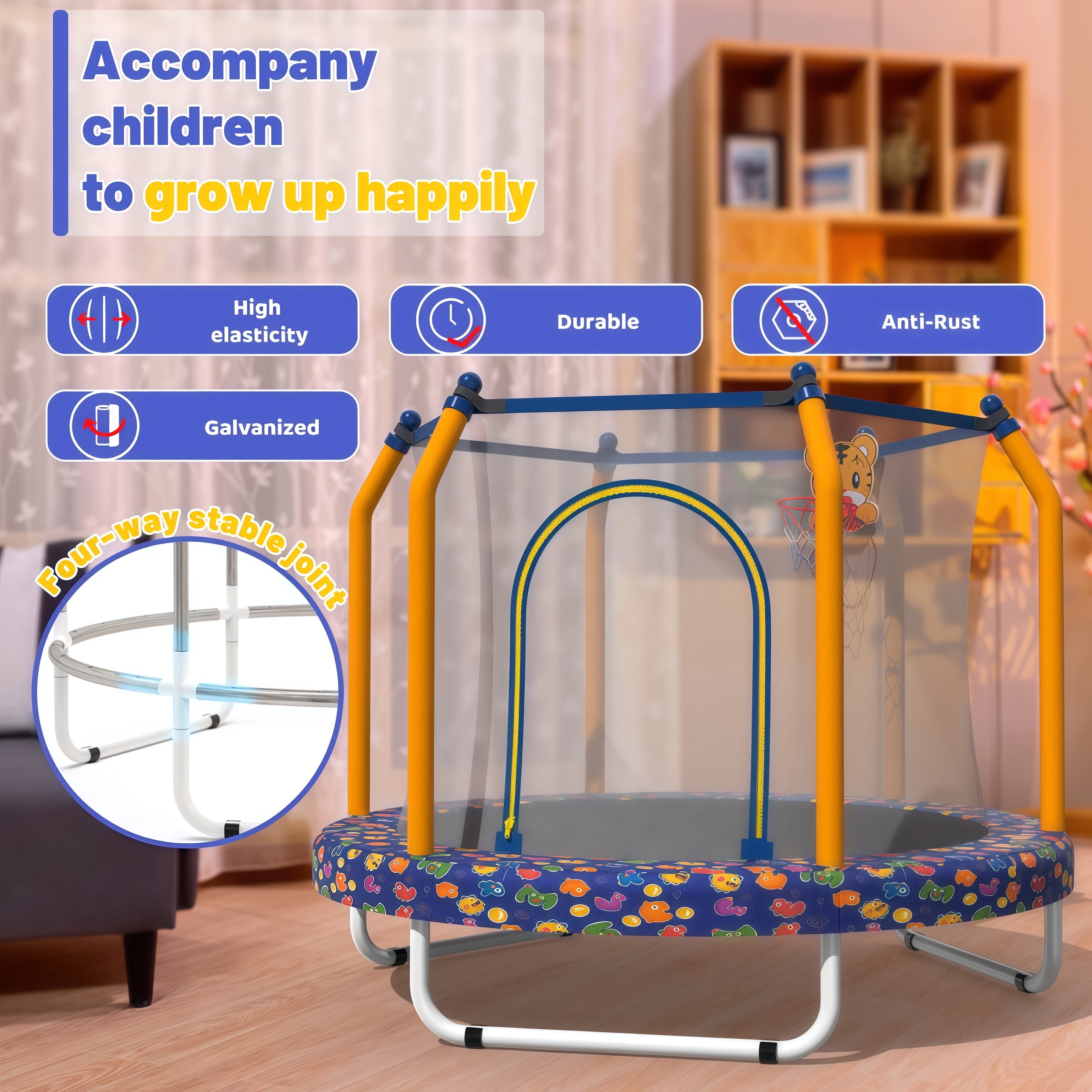 55 inch Round Kids Trampoline, Bouncing Trampoline with Safety Enclosure Net, Basketball Hoop, Capacity for Indoor & Outdoor Small Toddler Trampoline,Blue Marine