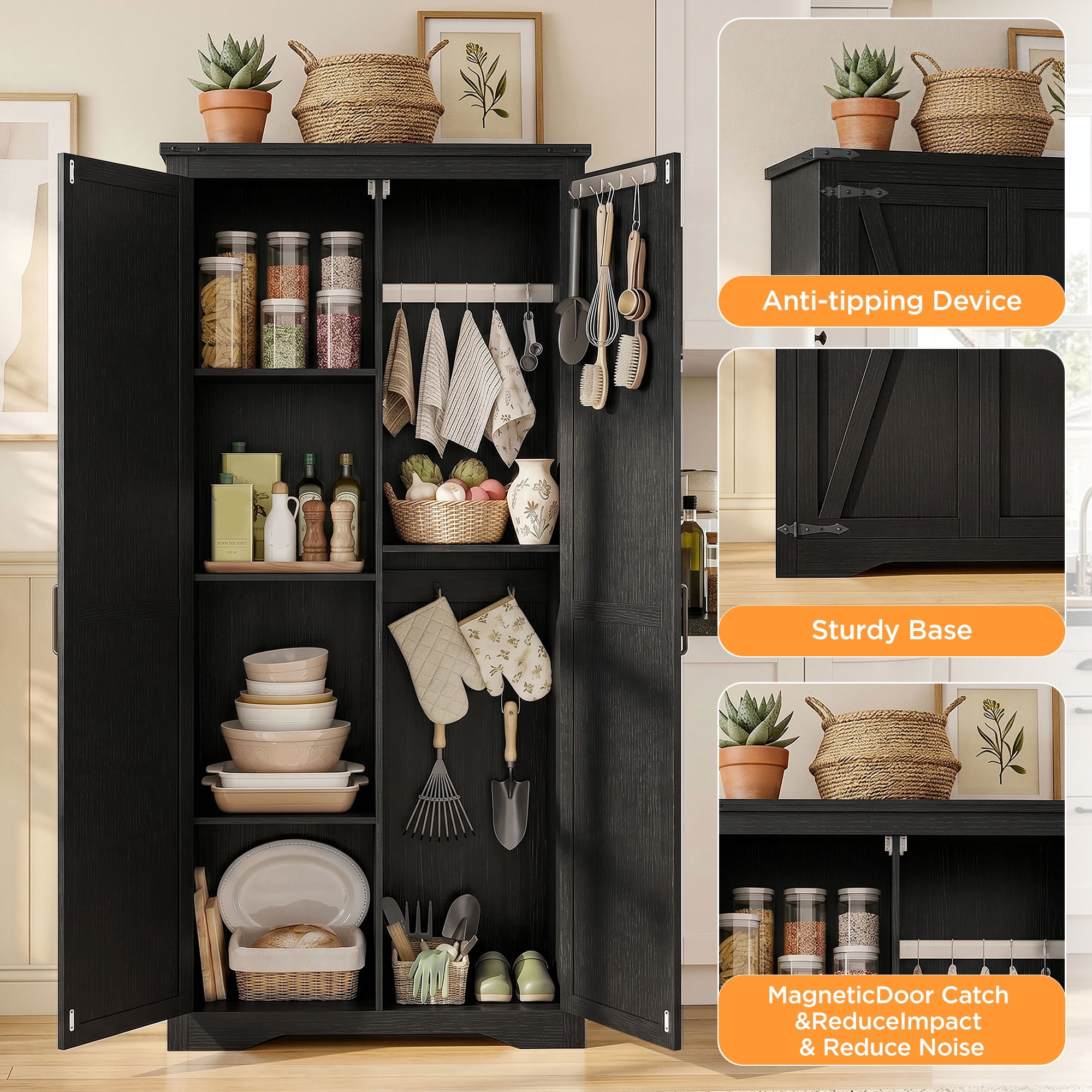 72"H Farmhouse Storage Cabinet with Adjustable Shelves, Large Pantry Organize with 2 Barn Doors, Tall Freestanding Cabinet for Kitchen, Bathroom/Garage/Basement/Living/Utility Room