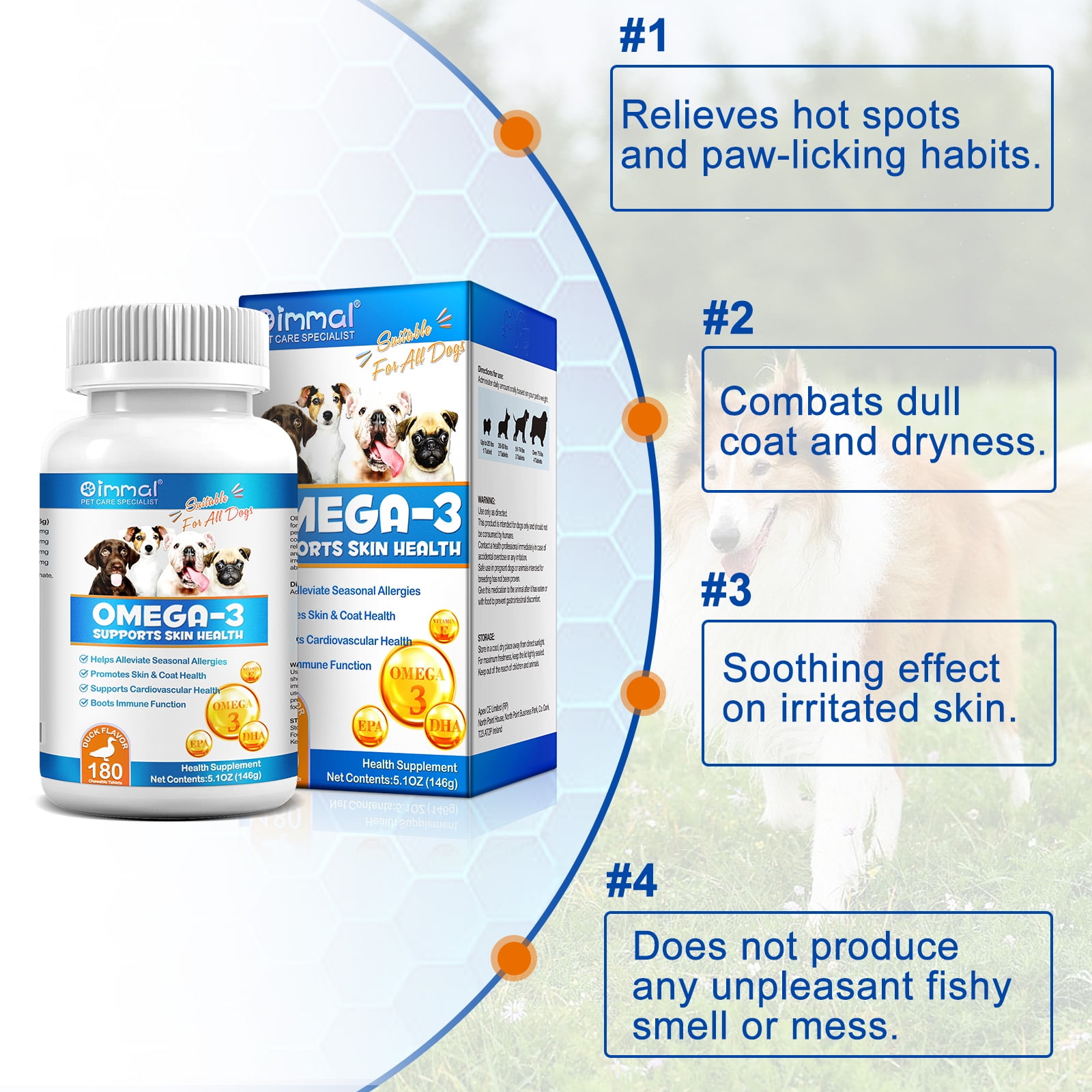 Oimmal Omega 3 for Dogs - Fish Oil for Dogs Skin and Coat - 180 Chewable Tablets - Omega 3 6 9, EPA & DHA and Vitamins Chewable for Dog Shedding, Dry Skin & Heart Support - 2Packs