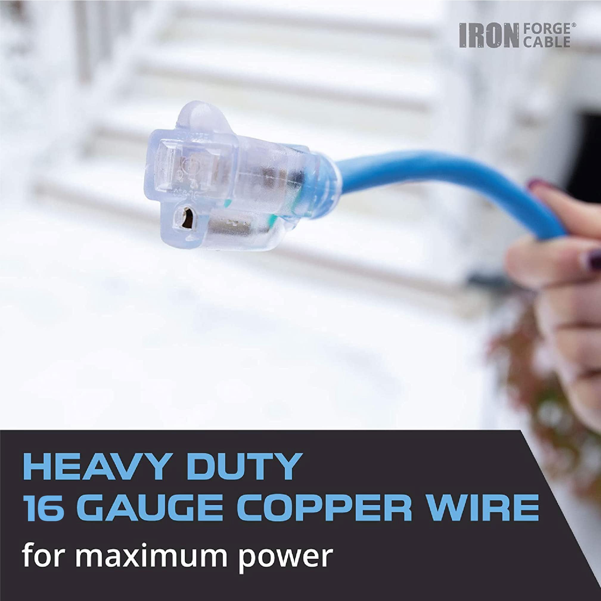 Iron Forge Cable 10 Ft All-Weather Extension Cord for Outdoor & Indoor Use - 16/3 SJEOW Lighted 3 Prong Extension Cord - for Cold & Hot Temperatures