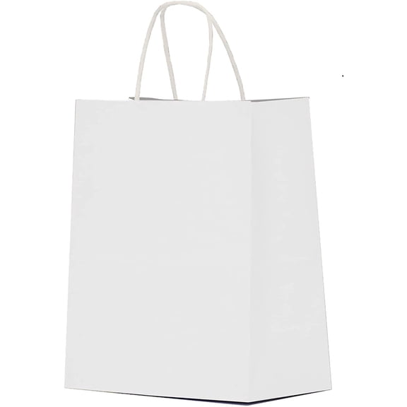 White Paper Gift Bags with Handles Bulk 25 pcs 8x4.5x10 Medium White Paper Bags for Gifts, Valentines, Shopping, Retail