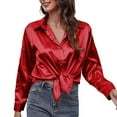 thumbnail image 1 of IROINID Économies Chemises à Manches Longues pour Femmes à Col en V Col Rabattu Chemise de Détente Unie T-Shirt Hauts, Rouge, 1 of 6
