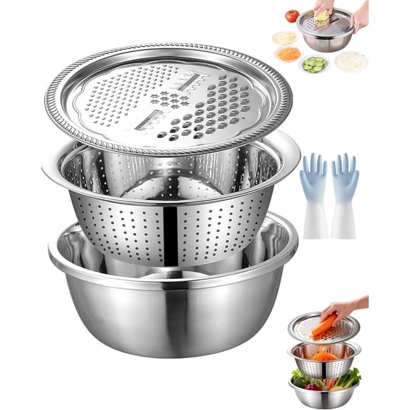 3-in-1 Stainless Steel Prep Bowl – Grater, Slicer & Colander Combo, Multifunctional Kitchen Bowl for Vegetables & Fruit