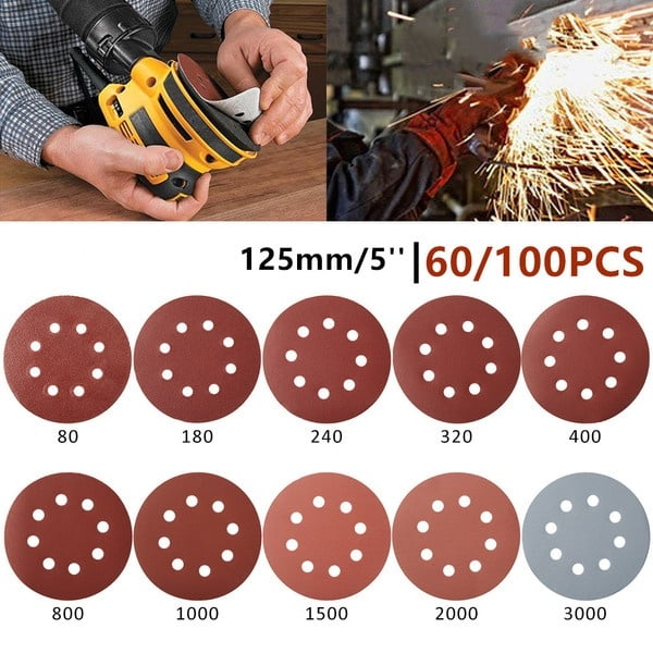 60/100Pcs 125mm/5'' 8 Holes Orbit Sanding Polishing Sheet Sandpaper