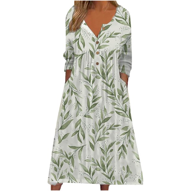 Vestidos Para Mujer Vestidos de Otoño Estampado de Moda Causal Escote en V Botón Manga Larga Bolsillos de Vacaciones Vestido Odeerbi ODB130446