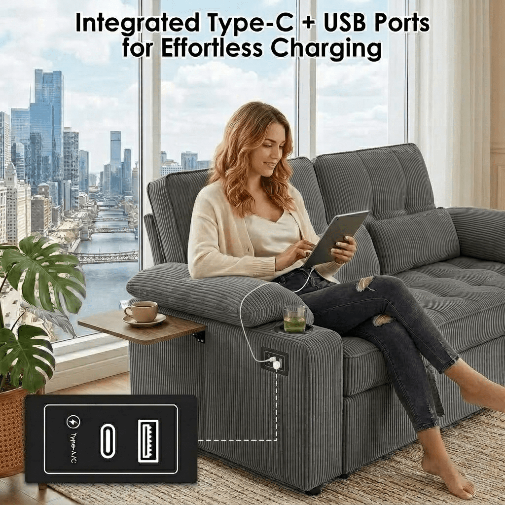 58" Sleeper Sofa Bed, Convertible Pull Out Couch Bed Corduroy Loveseat with Adjustable Backrest, USB Charging Ports, Cup Holders & Foldable Side Table for Living Room Apartment,Dark Grey