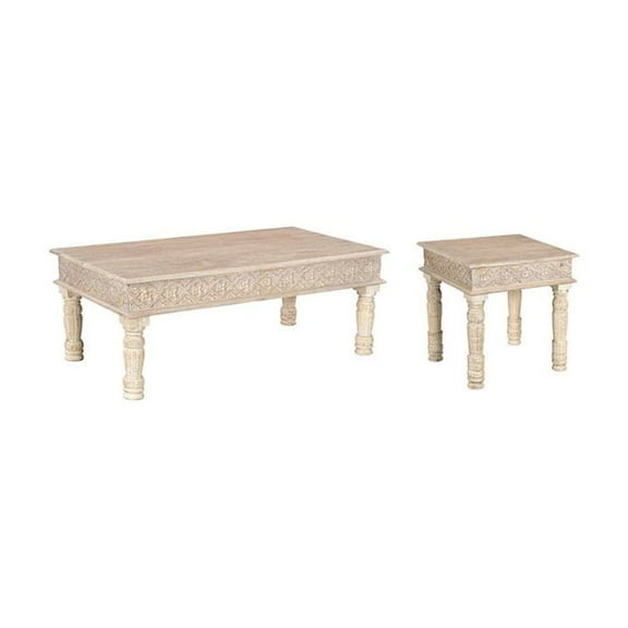 Taran Designs Milton 2-piece Carved Solid Wood Living Room Table Set in White