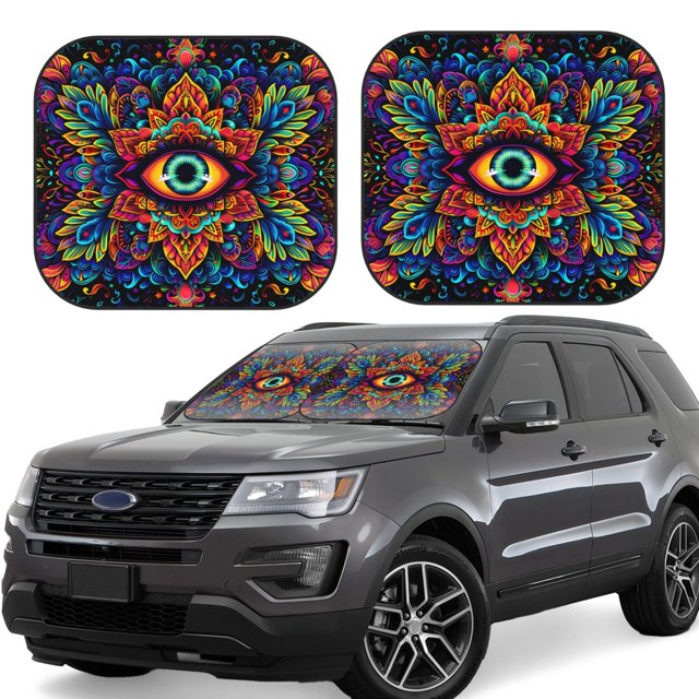 Disketp Vibrant Psychedelic Eye Pattern 2 Piece Windshield Sunshades,Folding Windshield Sun Shade for Car SUV Trucks Sedan,Blocks UV Rays Sun Visor Protector-Small