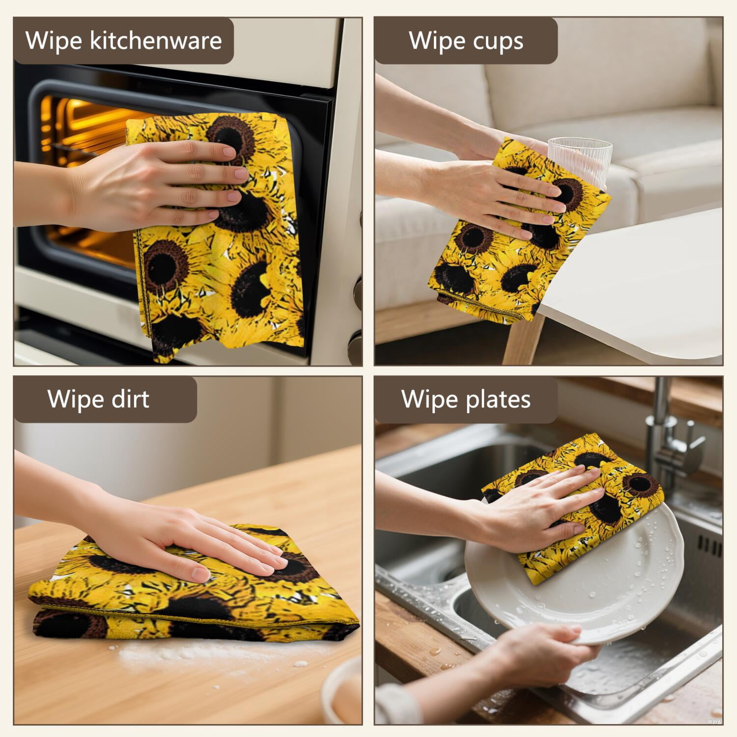 6 Pcs Funny Kitchen Towels,Yellow Sunflower Pattern Microfiber Dish Towels,Kitchen Tea Towels,Kitchen Towel Set (18" X 26")