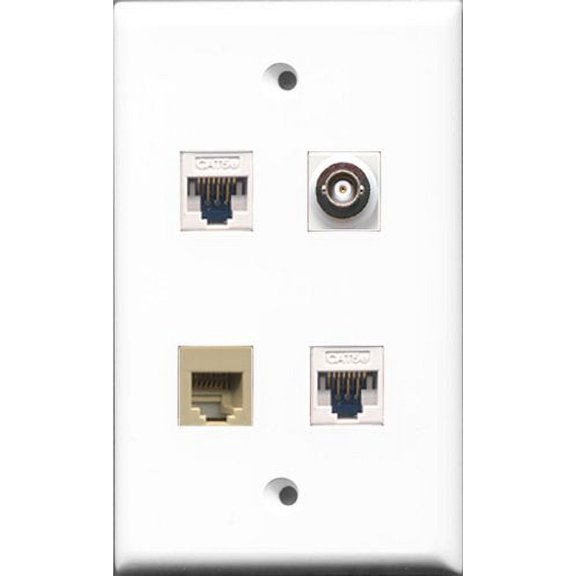 RiteAV - 1 Port Phone RJ11 RJ12 Beige and 1 Port BNC 2 Port Cat5e Ethernet White Wall Plate