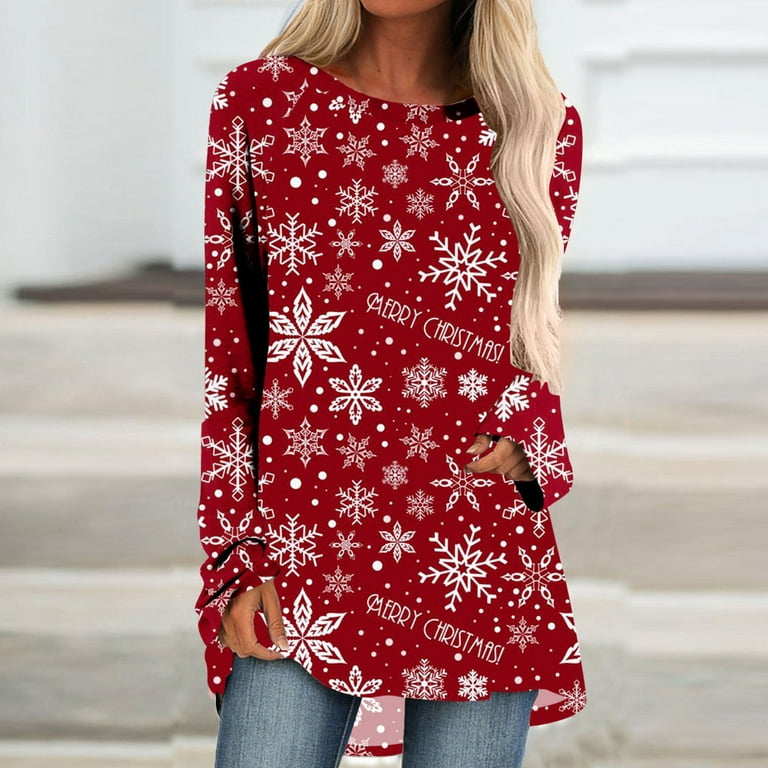 Women Tunic Tops for Leggings Xmas Elk Snowflake Graphic Print Shirt  Christmas Casual Long Sleeve Tunics Blouse 