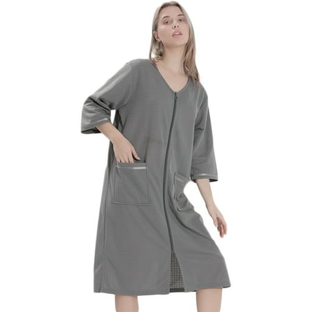 

Poseca Womens 3/4 Sleeve Zipper Front Long Robe Housecoat Full Length Nightgowns Loungewear with Pockets