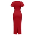 thumbnail image 7 of Women's Puff Sleeve Bodycon Work Dresses Crew Neck Business Casual office Pencil Dress Red XL(XL), 7 of 7