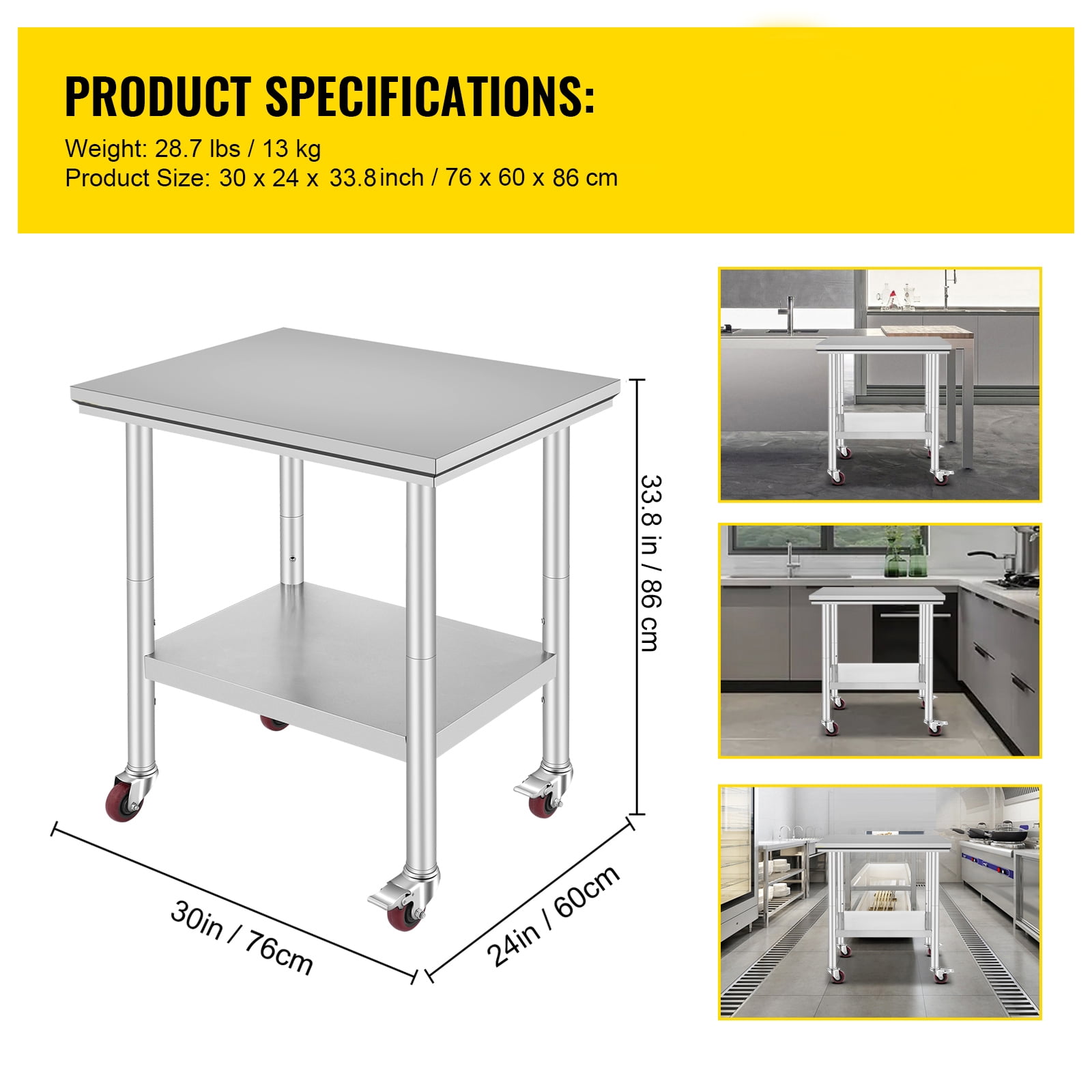 VEVOR Superior Stainless Steel Work Table with Wheels 30x24inch Food Prep Utility Work Station, Adjustable Undershelf, Easy to Install