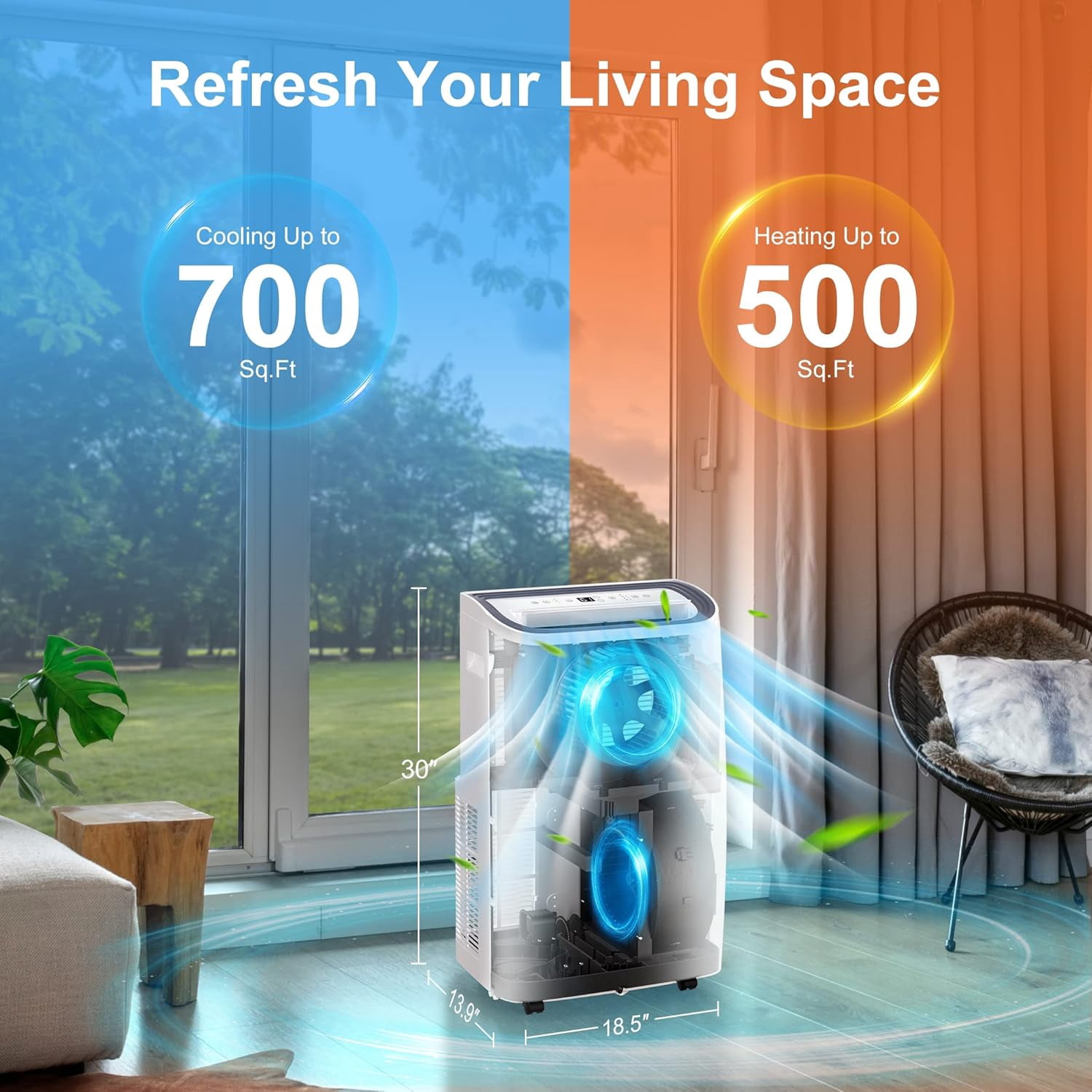 14,000 BTU Portable Air Conditioners for Rooms Up to 700 Sq.Ft, 4-in-1 Portable AC Unit, Heat, Dehumidifier & Fan with Remote Control, Auto Swing, LED Display