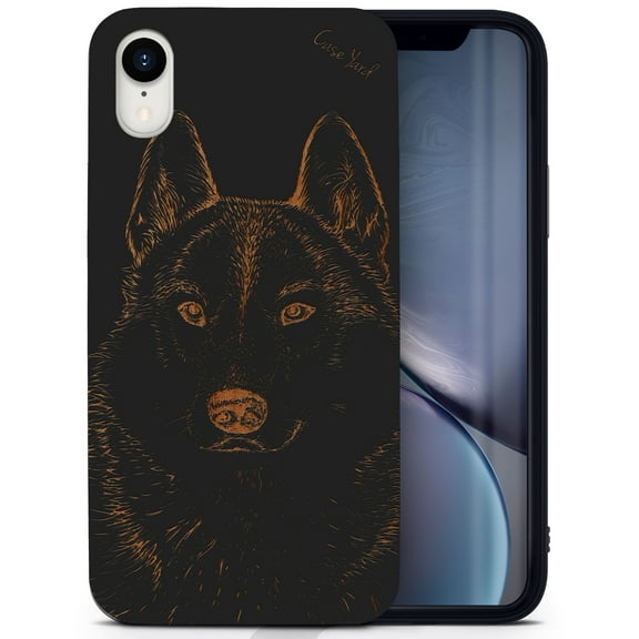 Wood phone case for iPhone XR compatible protective cell phone cover shockproof slim fit laser engraved Siberian Husky design Black wood case for Men & Women by CaseYard