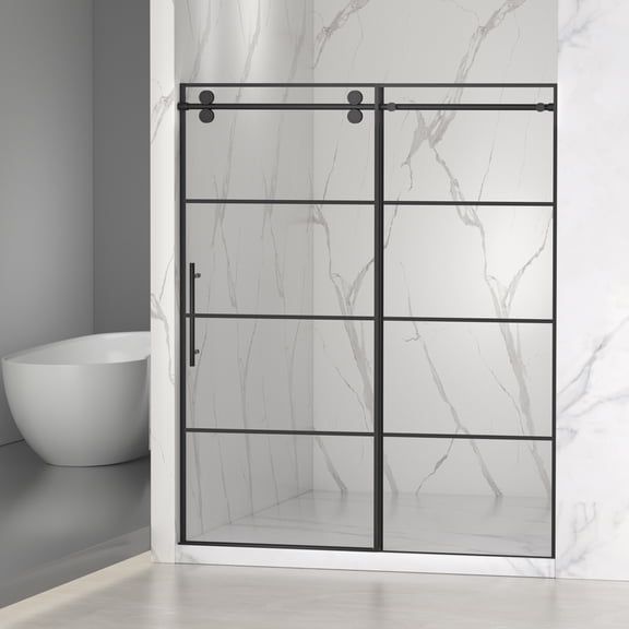 56-60"W x 72"H Frameless Grid Sliding Shower Door, 5/16"(8mm) SGCC Tempered Glass, Matte Black