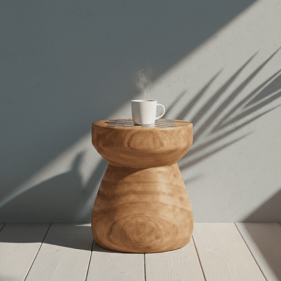 SUNBURY Outdoor Faux Wood and Concrete Round End Table, Brown