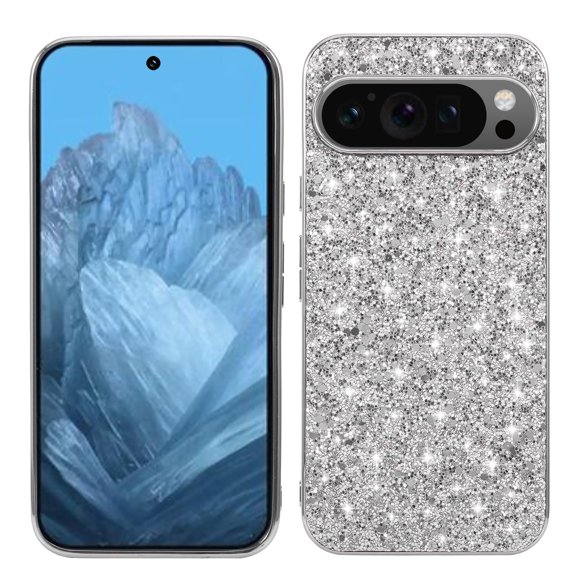 Glitter Case for Google Pixel 10 Pro XL, Sparkle Crystal Bling Slim Lightweight Cover, Military Grade Protection Silicone Rubber Shockproof Anti-Scratches Case for Girls Women, Silver