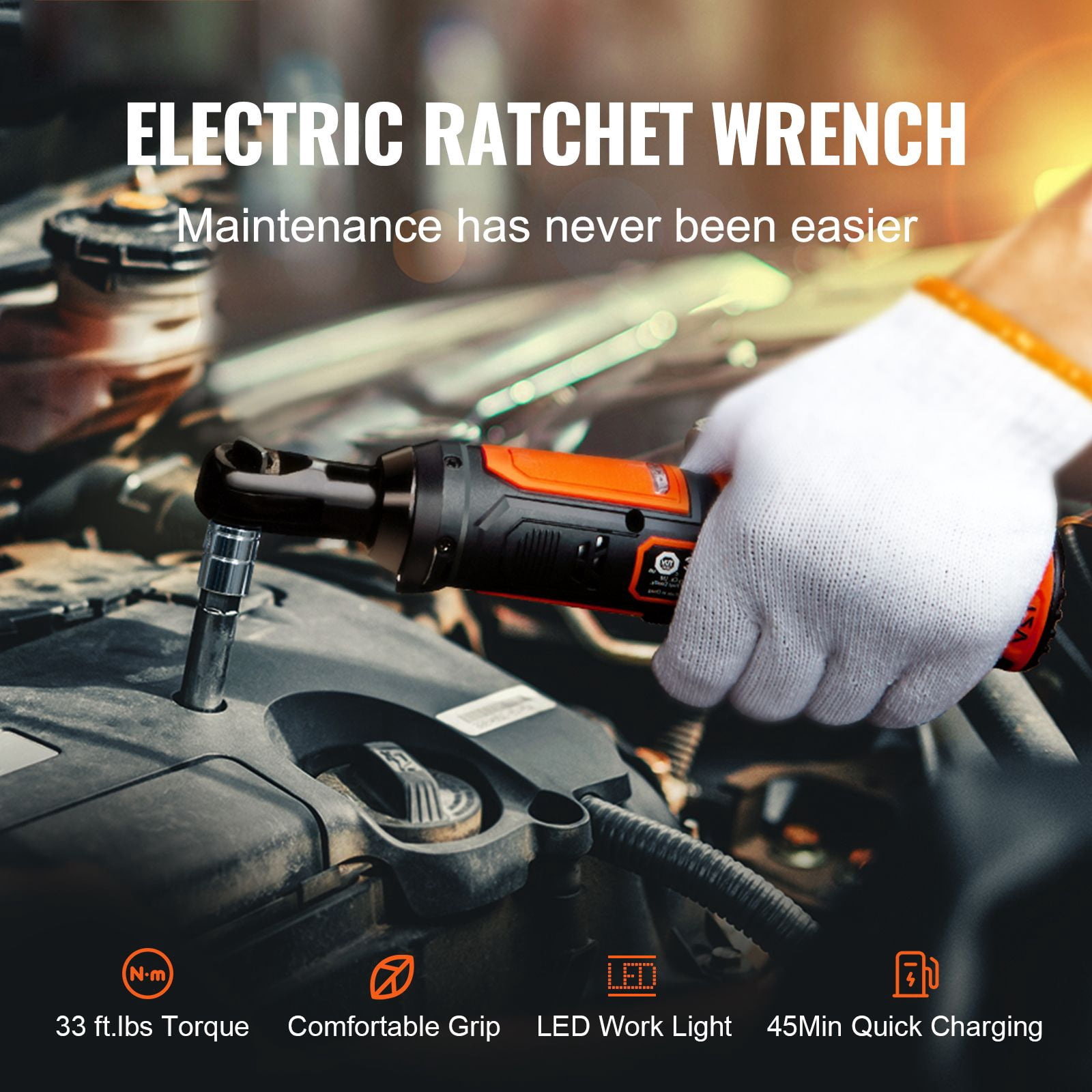 Cordless Electric Ratchet Wrench, 3/8 Inch, 33 ft-lbs Torque, 12V Motor, 2 x 2.0Ah Batteries, Fast Charging, 9 Sockets, LED Light, for Automotive & Mechanical Repairs