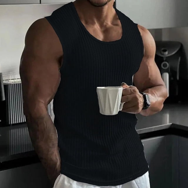 pstuiky Camiseta sin mangas para hombre, Camiseta deportiva informal ajustada a rayas de color liso con cuello redondo y sin mangas para hombre Chaleco de hombre xxxl