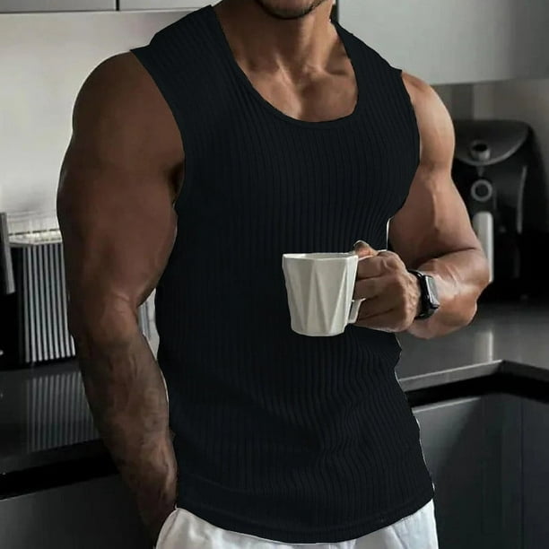 pstuiky Hombres Tanque, Camiseta deportiva informal ajustada a rayas de color liso con cuello redondo y sin mangas para hombre Chaleco para hombre m