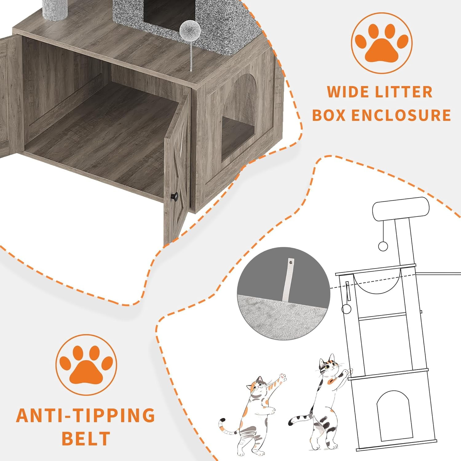 Huisuilinss Cat Tree With Litter Box Enclosure,2-in-1 Cat Tower,Hidden Litter Box Furniture,Wooden Indoor Cat Washroom With Large Condo,Spacious Hammock,Cozy Top Perch,Scratching Post And Balls