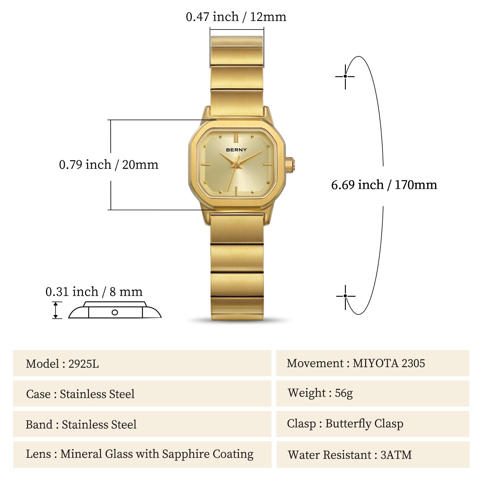 BERNY Small Gold Watches for Women, Dainty Minimalist Dress Watch with Square Dial, Vintage Stainless Steel Bracelet Watch Waterproof, Ladies Luxury Gifts (Gold)
