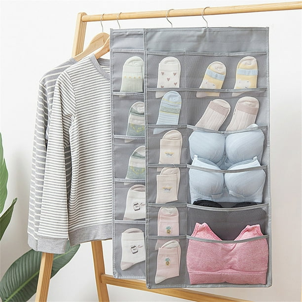 Bolso colgante no tejido de doble cara - Organizador de bolsillos 6+18 para sujetador y ropa interior, 31,5x15,75 pulgadas, gancho giratorio, lavable, gris o beige