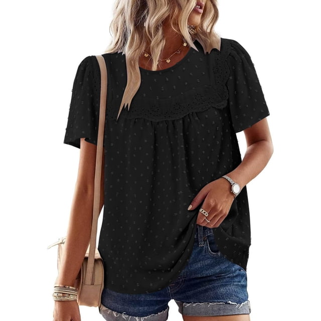 Liquidation d'Économies! Hauts Grande Taille pour Femmes, Blouse à Manches Courtes d'Été pour Femmes, Mode Décontractée à Manches Courtes Col Rond Uni Pliable Blouse pour Dames
