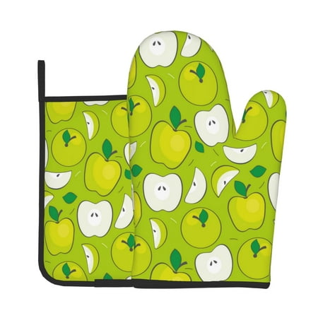 

Bingfone Green Apple Print Oven Mitts Pot Holders Set 2 PCS for Kitchen for Cooking Grilling Baking BBQ Pot Holders Cook Essentials